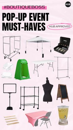 an advertisement for pop up event must - haves, including tables and stools