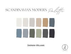 the scandinavian modern palette is shown in shades of gray, beige and white with text that reads