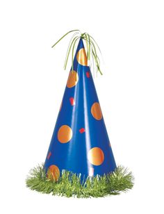 a blue party hat with orange polka dots and green grass on the bottom, sitting in front of a white background