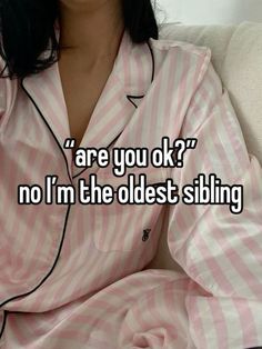 a woman in pink and white pajamas with the words are you ok? no i'm