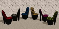 several different colored high heeled shoes sitting in front of a marble wall with an animal print pattern