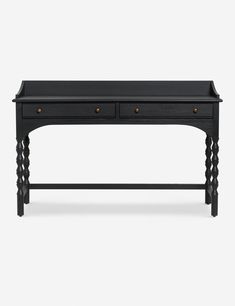 a black desk with two drawers on one side and an open drawer on the other