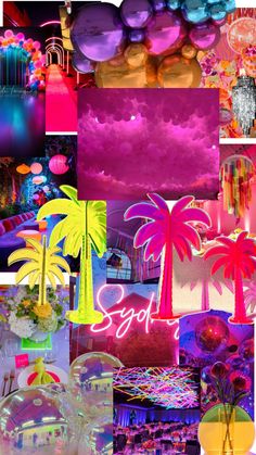 a collage of photos with palm trees and neon colors