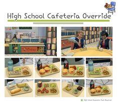 several pictures of food on trays and in front of a tv screen with the caption high school cafeteria override