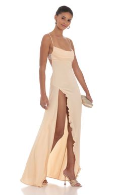 Cowl Neck Satin Open Back Maxi Dress in Peach Peach Color Dress, Cutout Gown, Open Back Maxi Dress, Peach Dress, Loungewear Jumpsuit, Crepe Fabric, Right Side, Hand Washing, Pretty Dresses