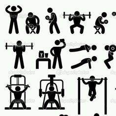 the silhouettes of people doing different exercises with dumbbells and barbells