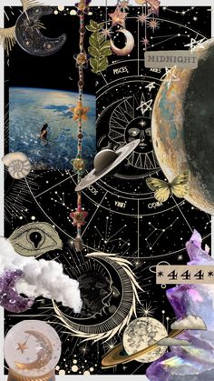 an artistic collage with space, stars and other things on it's surface