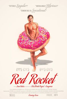 a man holding a pink donut with sprinkles on it in front of a movie poster