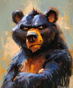 a painting of a black bear with yellow eyes and brown fur on it's chest