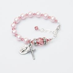 Baby Girl Baptism Rosary Bracelet - Light Pink Pearl and Blush Rose Swarovski Crystal -Personalized Initial - Catholic Christening Gift by RosariesOfLove on Etsy Pink Beaded Jewelry For First Communion, Baptism Baby Girl, Catholic Baptism, Silver Things, Mini Rosaries, Baby Girl Shower Ideas, Girl Shower Ideas, Baby Cross Stitch Patterns