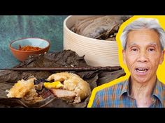 an old man with food in front of him and a bowl full of meat on the side