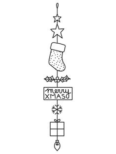 a black and white drawing of a christmas stocking hanging from a tree with presents