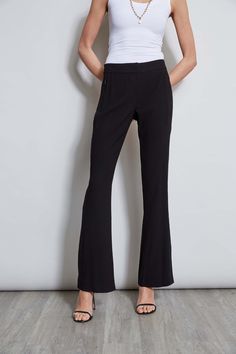 We chose our favorite Fluid Crepe for the season's must have pant. Incredibly flattering with a fit & flare leg - these pants are detailed with a partially lined lace insert down the sides for a glimpse of leg. Get ready for the compliments. Elie Tahari Exclusive Fit & Flare Fluid Crepe Pant with Lace Side Stripes 70% Triacetate, 30% Polyester Runs true to size. Model is 5'9" and wearing size 2 Measurements: 10"L front rise 33.5"L inseam (approx. length for a size 6) Dry Clean Only Imported Styl Flare Pant, Woven Handbags, Lace Side, Elie Tahari, Leather Weaving, Lace Insert, Side Stripe, Flare Pants, Fit & Flare