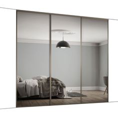 an open sliding glass door showing a bedroom