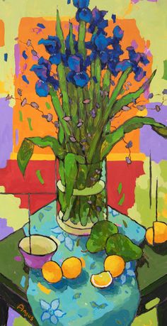 a painting of blue flowers in a vase on a table with oranges and lemons