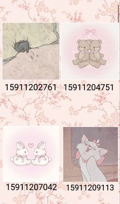 four different pictures of stuffed animals on pink flowers and branches with text that reads,