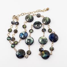 "LABRADORITE Necklace, Statement Choker, Gemstone Necklace, Gemstone Labradorite, 14K Gold Filled Chain, Blue Flash Labradorite Gemstone: Faceted Labradorite Coin Beads Stone Size: 12-14 MM / 6 MM Lentil Stones Length: 16-18 inches - 2\" Gold-Filled Extender Clasp: 14K gold-filled spring ring Hand made with custom faceted Labradorite coin beads & 6MM lentil beads, hand wrapped with 14K gold-filled wire, & hammered 14K gold-filled cable chain. Gorgeous labradorite with lots of dramatic bl Witchcraft Protection, Chip Bead Jewelry, Protection Talisman, Sunshine Necklace, Goth Jewelry, Statement Choker, Labradorite Necklace, Ring Hand, Gold Cross Pendant