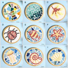 six pictures of different types of mosaics in various shapes and sizes, each with an individual's name on it