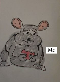 a drawing of a mouse holding a donut with the caption me on it