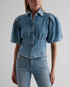 Discover great products at the best prices at Dealmoon. Express Denim Puff Sleeve Corset Button Up Shirt. Price:$108.00 at Express Elegant Outfit Classy, Garment Pattern, Denim Corset, Denim Blouse, Denim Details, Basic Outfits, Linen Clothes, Denim Top