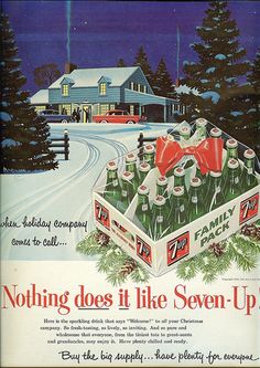 an advertisement for coca - cola in the snow with christmas trees and houses behind it