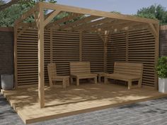 a wooden gazebo with benches and potted plants