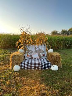 hay bales and pumpkins are sitting on the ground