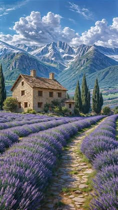 a painting of a house in the middle of a lavender field with mountains in the background