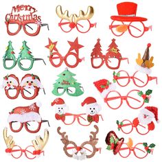 many different types of christmas glasses and hats