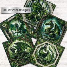 four coasters with green dragon designs on them, all in different shapes and sizes