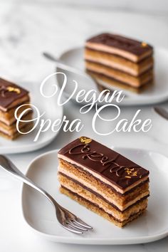 three pieces of vegan opera cake on white plates