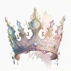 a watercolor drawing of a tiara with jewels on it's sides and drops of paint all over the top