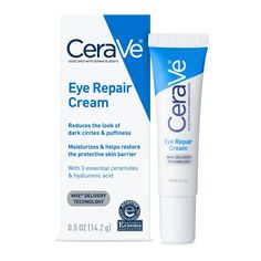 "CeraVe Eye Repair Cream for Dark Circles and Puffiness visibly reduces the look of dark circles and contains 3 essential ceramides to repair and restore the protective skin barrier. CeraVe Eye Repair Cream utilizes patented MVE controlled-release technology to help replenish ceramides and deliver long lasting moisturization. The cream is fragrance-free, hypoallergenic and non-comedogenic. How to Use: Apply in small dots around the eye area and gently smooth until thoroughly absorbed. Use it alo Cerave Eye Cream, Cerave Eye Repair Cream, Drugstore Eye Cream, Eye Repair Cream, Cream For Dark Circles, Moisturizing Eye Cream, Under Eye Cream, Hydrating Eye Cream, Eye Cream For Dark Circles