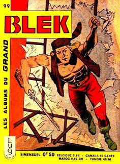 an old comic book cover with a man in the air