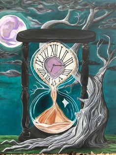 a painting of an hourglass in front of a full moon