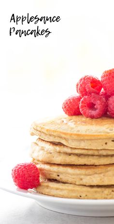 a stack of pancakes with raspberries on top and the words appliance pancakes above it