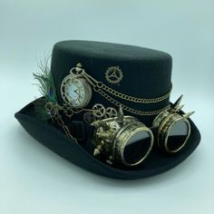 Classic Steampunk Hat Steampunk Hat Ideas, Afro Steampunk Fashion, Steampunk Top Hat Mens, Steam Punk Hats Woman, Steampunk Hats Mens, Winter Festival Vintage Mini Hats, Black Steampunk Hat For Costume Party, Black Steampunk Costume Hats And Headpieces, Black Punk Hats For Themed Events