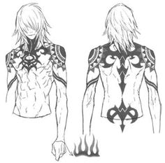 the back and side view of an anime character's body with flames on it