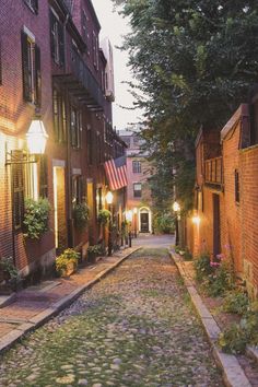 a cobblestone street lined with brick buildings and trees in the background at dusk