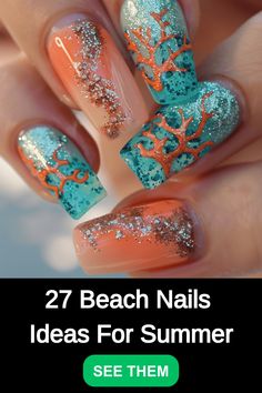 Step into the vibrant world of summer vibes and beachside glamour! Coral Reef Nails, Beach Nails Ideas, Nails Ideas For Summer, Coral Reef Color, Beach Nail Art, Beach Nail Designs, Beach Nail, Seashells Patterns, Matte Black Nails