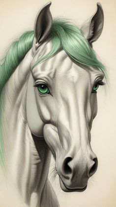 a drawing of a white horse with green hair