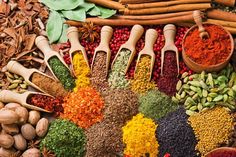 an assortment of spices and herbs on display