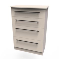 a white dresser with four drawers and three black handles on the bottom drawer, against a white background