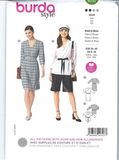 two women in dresses and hats standing next to each other with the sewing pattern on them