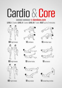 the cardio and core workout poster shows how to do an exercise with one hand