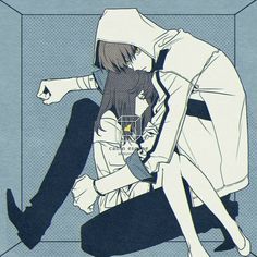 an anime character sitting on the floor with his arm around another character's head