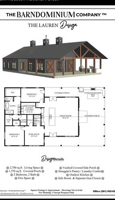 the barn house plan with an attached garage and living area is shown in this image