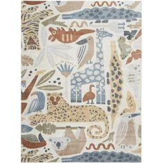 a rug with animals and plants on it in beige, blue, orange and green colors