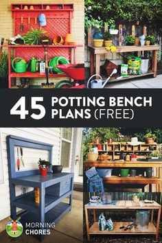 the four different types of potting benches are shown in this collage with text overlay