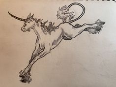 an ink drawing of a unicorn with a lion on it's back and tail